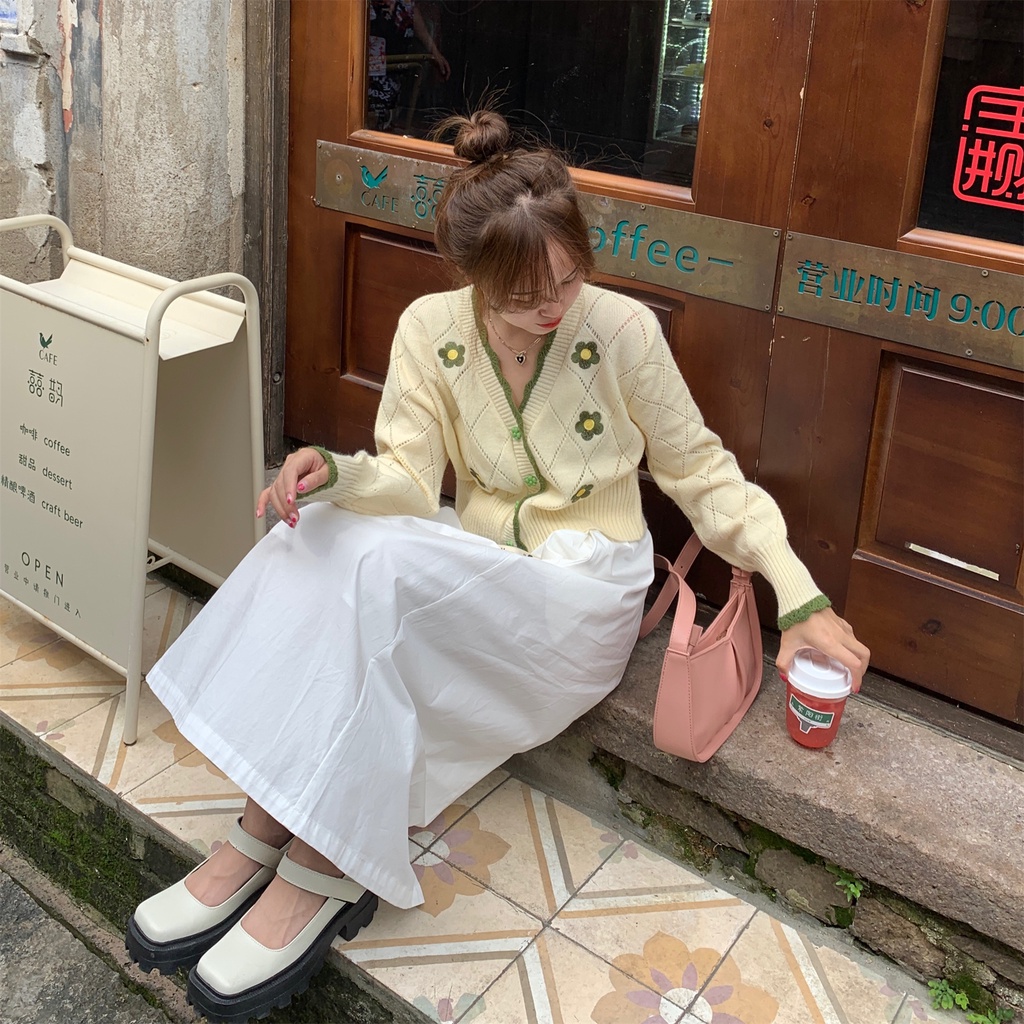 Áo khoác cardigan Pure Cube dệt kim tay dài thêu hoa dễ thương xinh xắn cho nữ