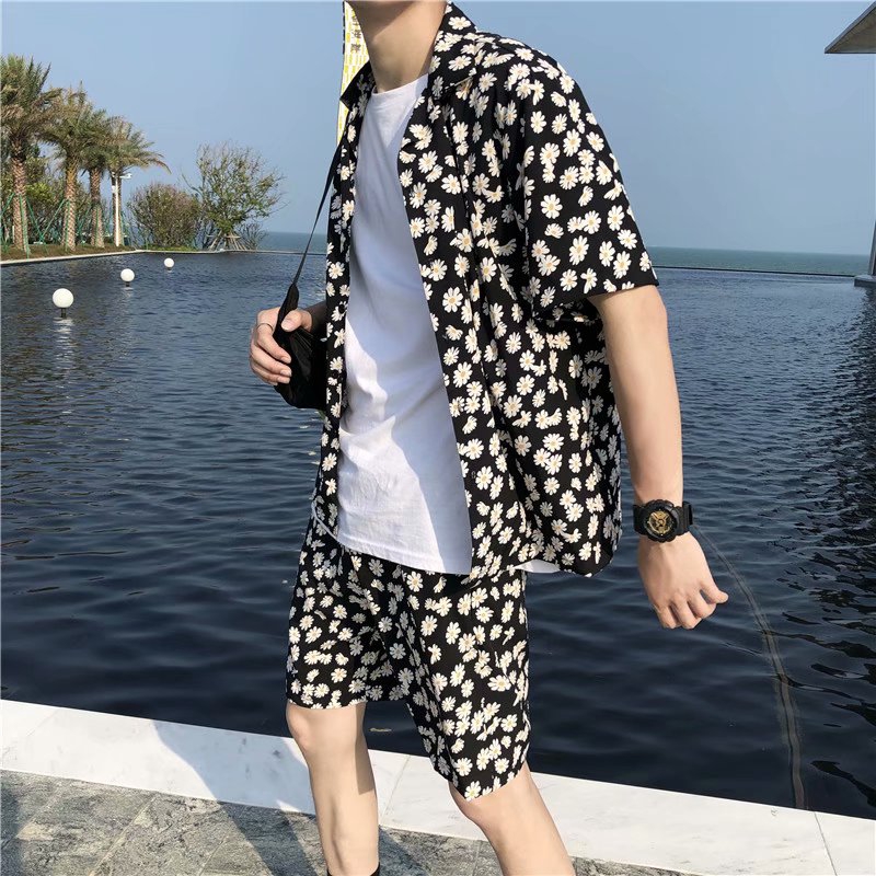 Men's Fashion Chrysanthemum Pattern Short Sleeve Shirt And Shorts Set