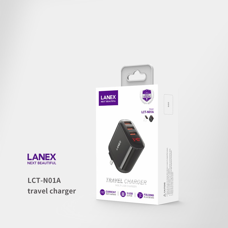 Cóc sạc nhanh Lanex LCT-N01A 3 cổng USB 3.4A, nhựa ABS, màn hình led, tương thích nhiều thiết bị