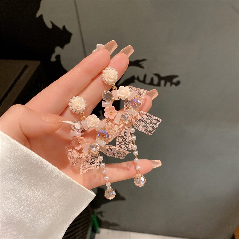 Bông Tai Đính Ngọc Trai Và Đá Hình Giọt Nước Phối Ren Tua Rua Phong Cách Hàn Quốc Sang Trọng Thời Trang 2022