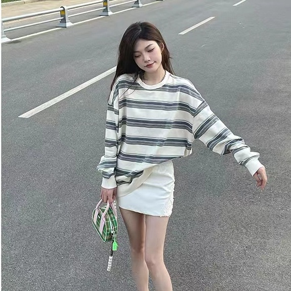 ZHELIHANGFEI Áo Thun Tay Dài Họa Tiết Sọc Theo Phong Cách Retro Mỹ