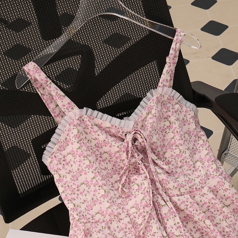 NUZIRO  Đầm Hoa Hai Dây Cổ Chữ V Màu Hồng Phong Cách Retro Hàng Mới Dành Cho Nữ