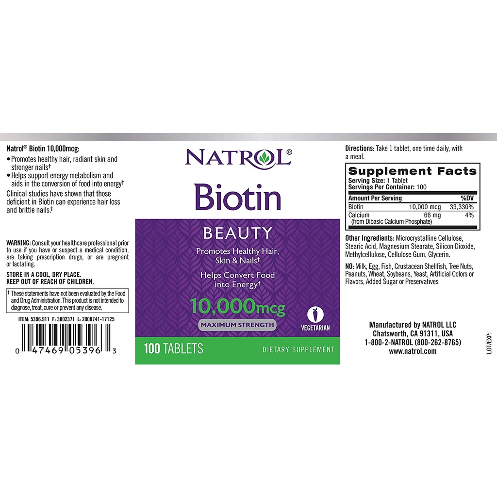 Viên Uống Hỗ Trợ Mọc Tóc, Chống Rụng Tóc Natrol Biotin Beauty 10,000mcg 100 Viên của Mỹ