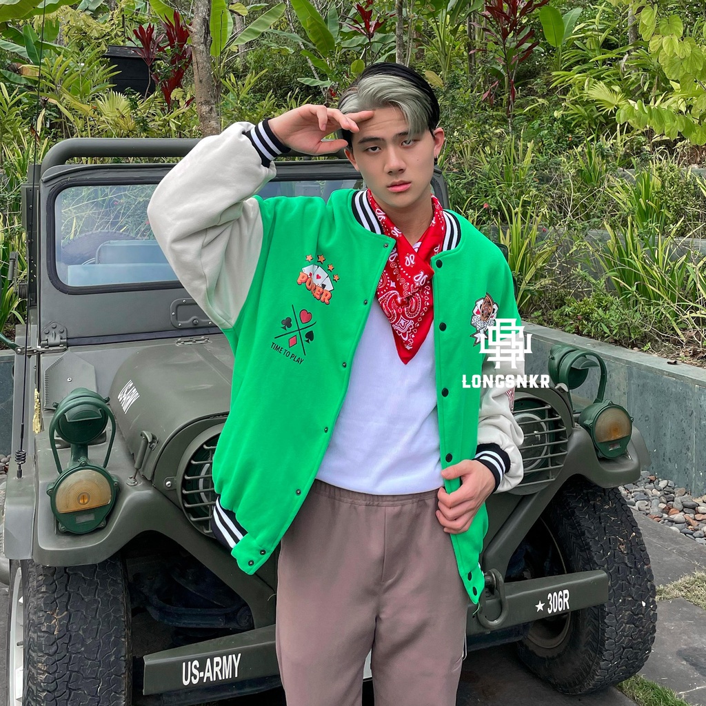 _ Áo khoác Varsity Green họa tiết Longsnkr chất nỉ giữ nhiệt và thoáng - Bomber /Vars