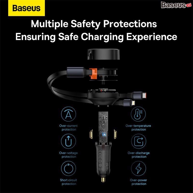 Tẩu Sạc Kèm Cáp Công Suất Cao Baseus Enjoyment Retractable 2-in-1 Car Charger C+L 30W