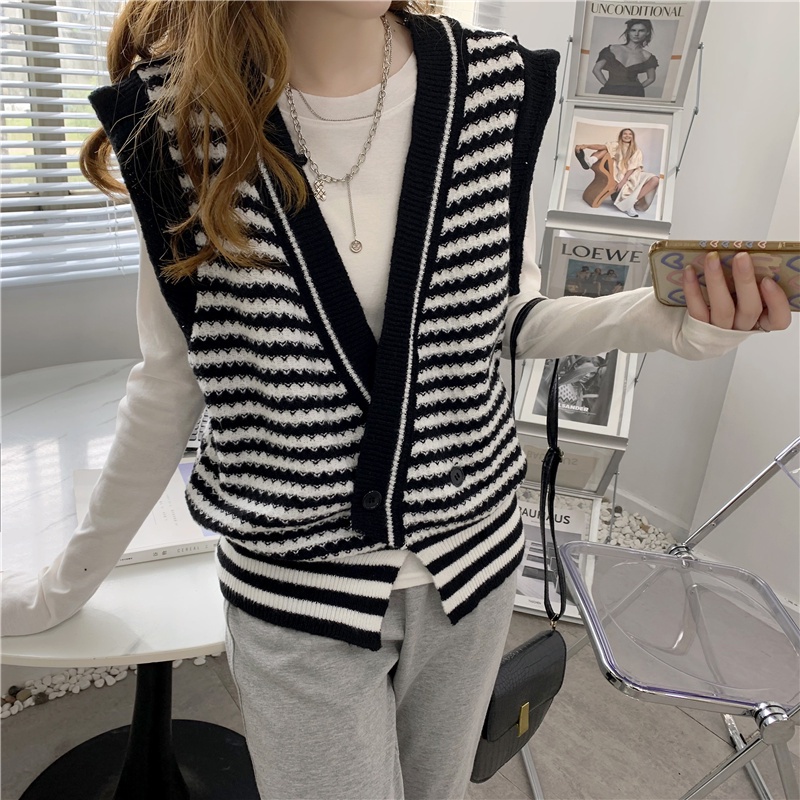 Áo sweater dệt kim SUXI không tay dáng rộng kẻ sọc phong cách retro Hàn Quốc dành cho nữ