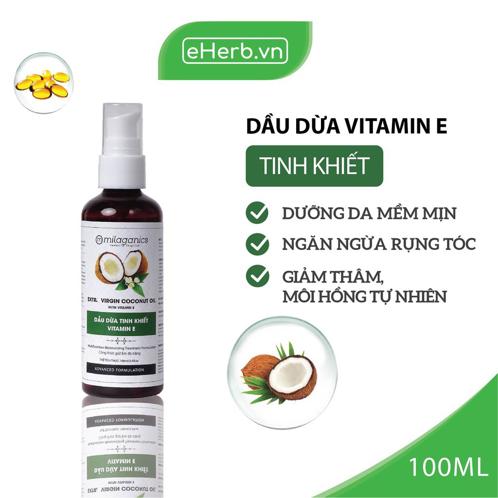 Dầu Dừa Tinh Khiết Vitamin E Dưỡng Da - Tóc - Môi MILAGANICS 100ml (Chai)