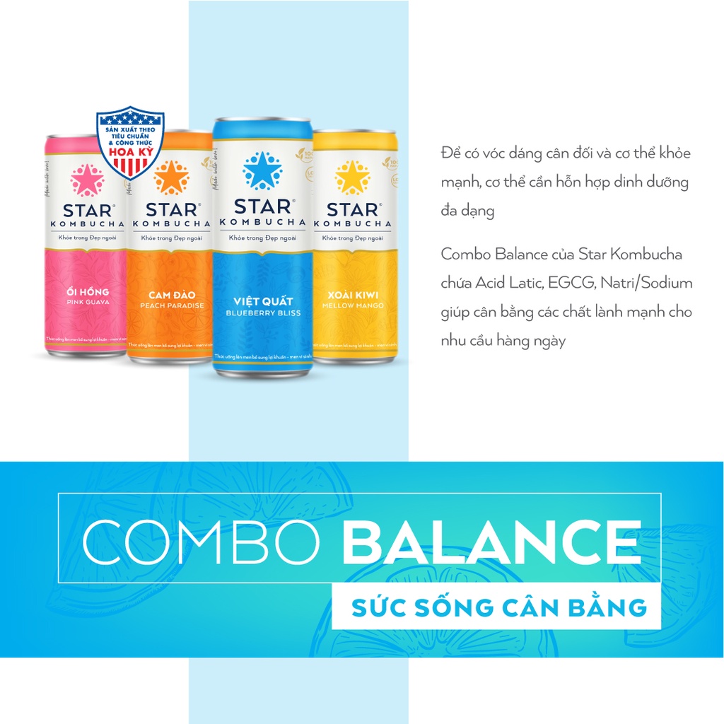 Combo 4 lon mix vị thức uống lên men STAR KOMBUCHA - Balance Pack (250ml/lon)