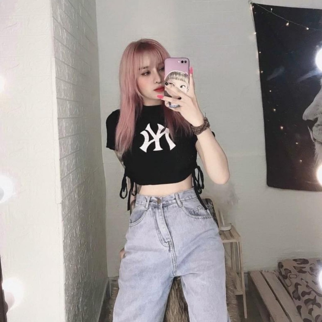 Áo Kiểu Croptop Rút 2 Bên Eo _ Phối 2 Dây Rút Tùy Chỉnh Được Dài Ngắn _ Chữ In Ép Nhiệt _ Ảnh Thật