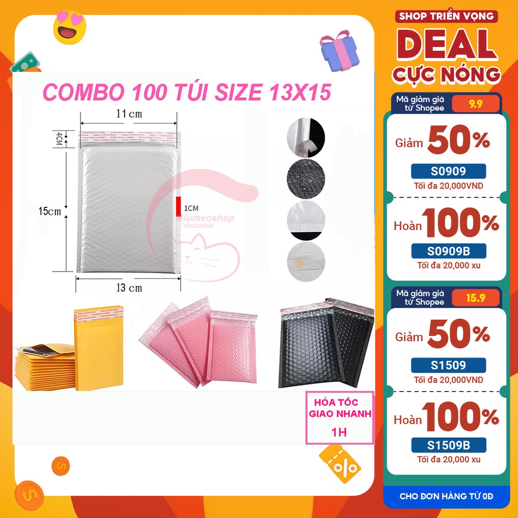 (size 13x15+4)Combo 100 túi chống sốc niêm phong bì thư kraff,poly,plastic