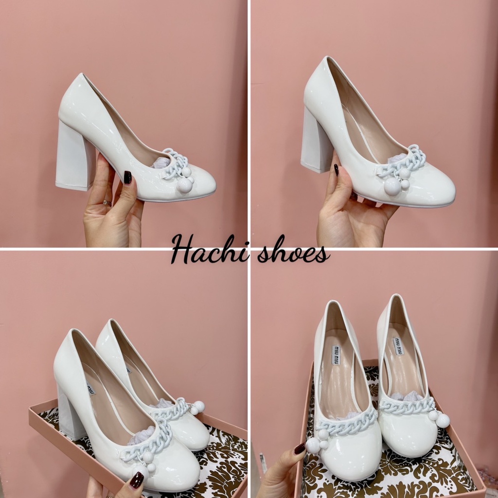 Giày cao gót trắng miumiu gót vuông cao 9cm mẫu hót fullbõx MX2021