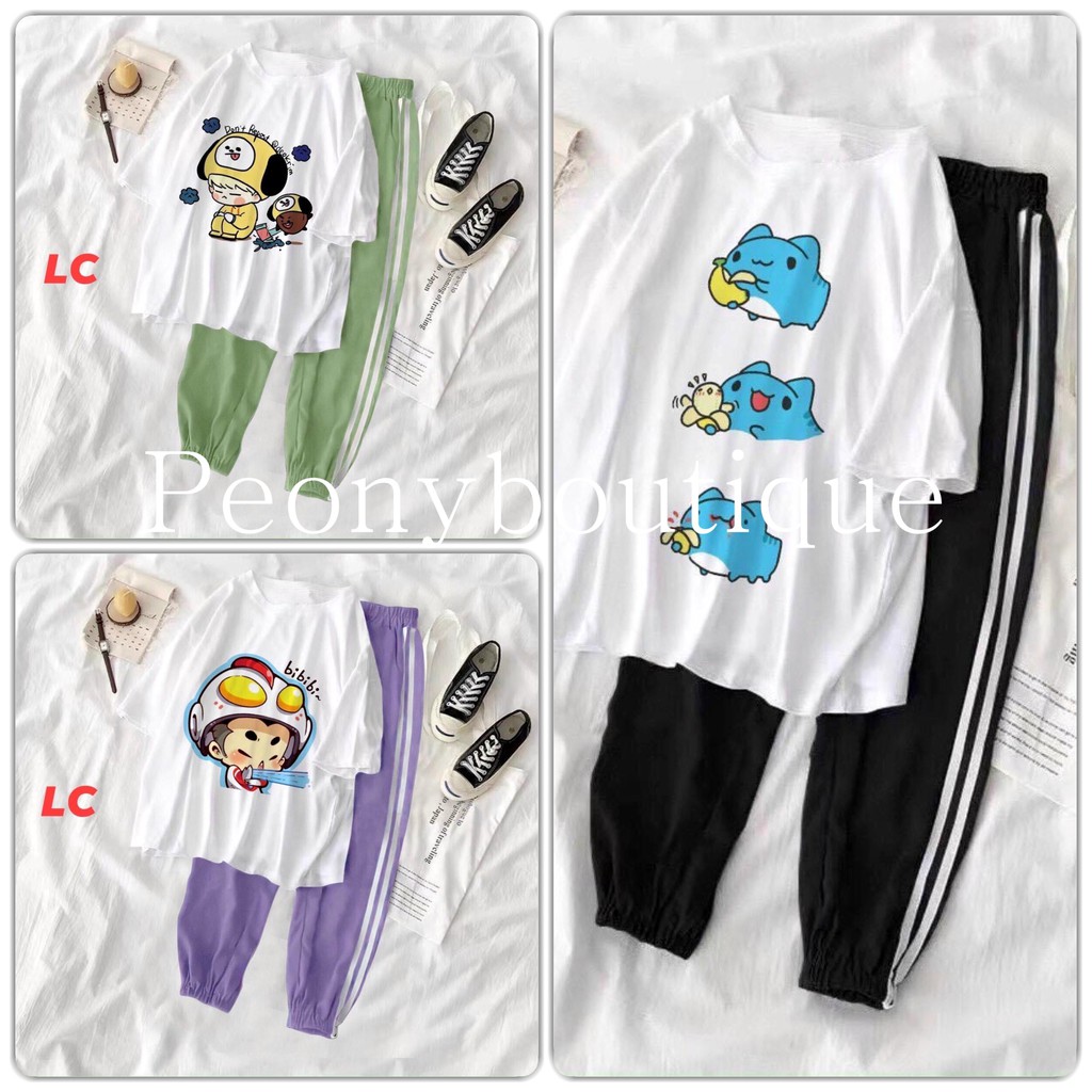 Set Quần Áo Chibi PEONYB Nữ [FREESHIP] 🌸 Bộ thun jogger kẻ sọc ống bom kèm phông in hoạt hình cute dễ thương Ulzzang 🌸 | BigBuy360 - bigbuy360.vn