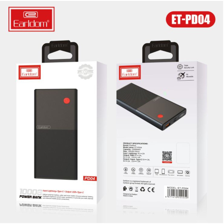 Sạc Dự Phòng 10.000 mah Earldom PD-04 Sạc Nhanh Vỏ Nhựa Cứng Cáp Cách Nhiệt Chống Bám Bẩn