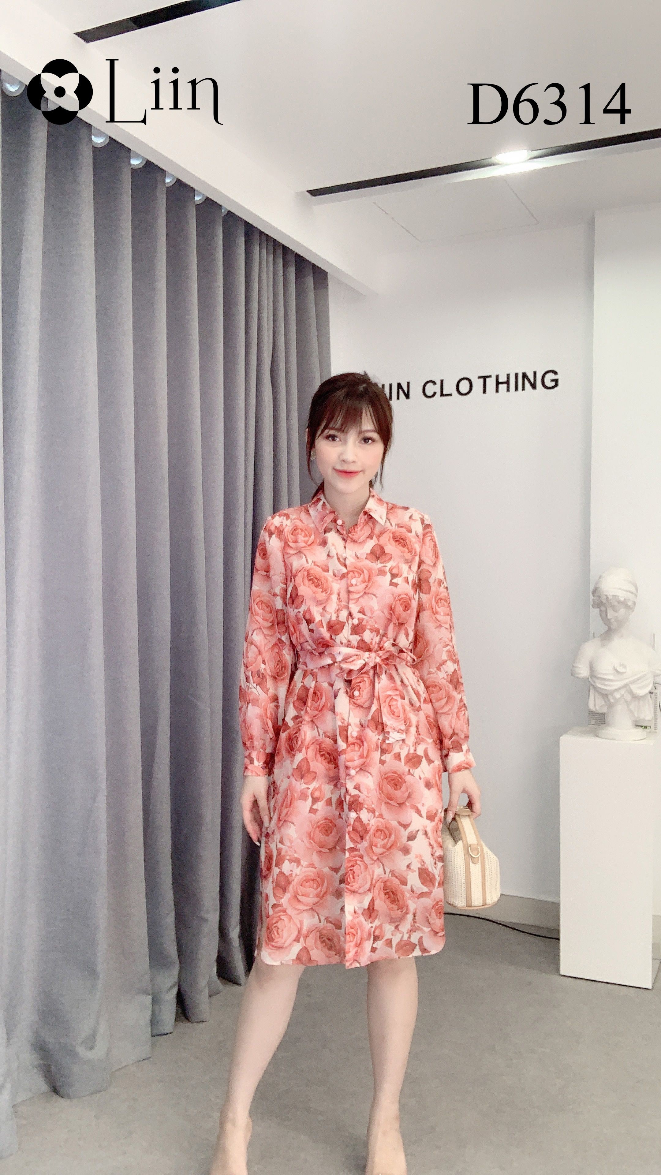 Đầm Sơ Mi nữ cao cấp họa tiết Hoa Hồng xinh xắn Liin Clothing D6314