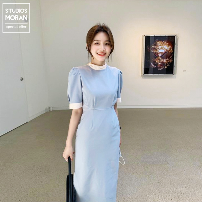 (ORDER) Váy MORAN tay phồng màu xanh phối viền trắng cổ thắt nơ phía sau suông dài sang trọng Hàn Quốc