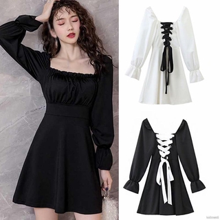 Đầm nữ dài tay cổ vuông eo thắt dây thời trang