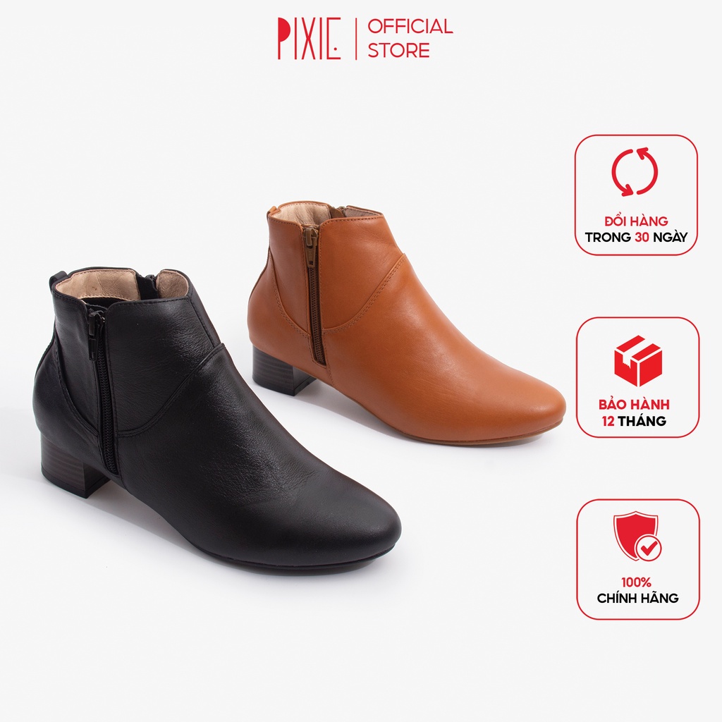 Giày Boot Thấp 3cm Cổ Ngắn 2 Dây Kéo Da Thật Pixie P697