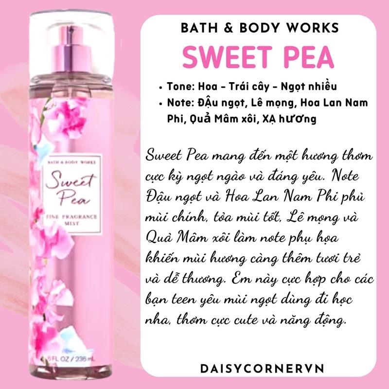 [🇺🇸 Bill Mỹ] Xịt thơm Body Mist Bath &amp; Body Works Sweet Pea