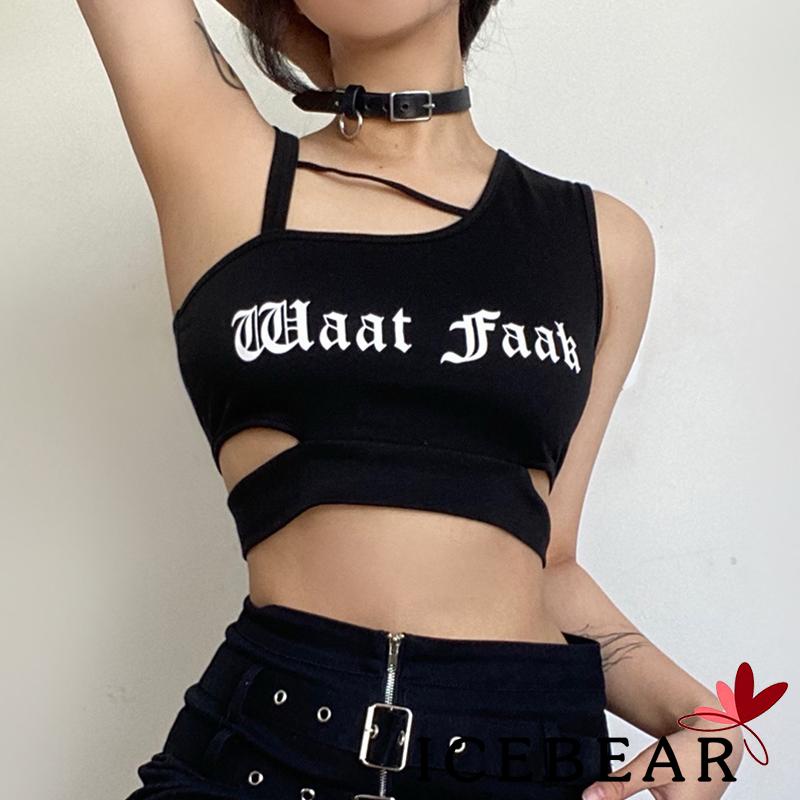 ICE-Women´s Streetwear Punk Style Vest Black Letters Print Oblique Shoulder Hollow Out Cropped Tank Tops