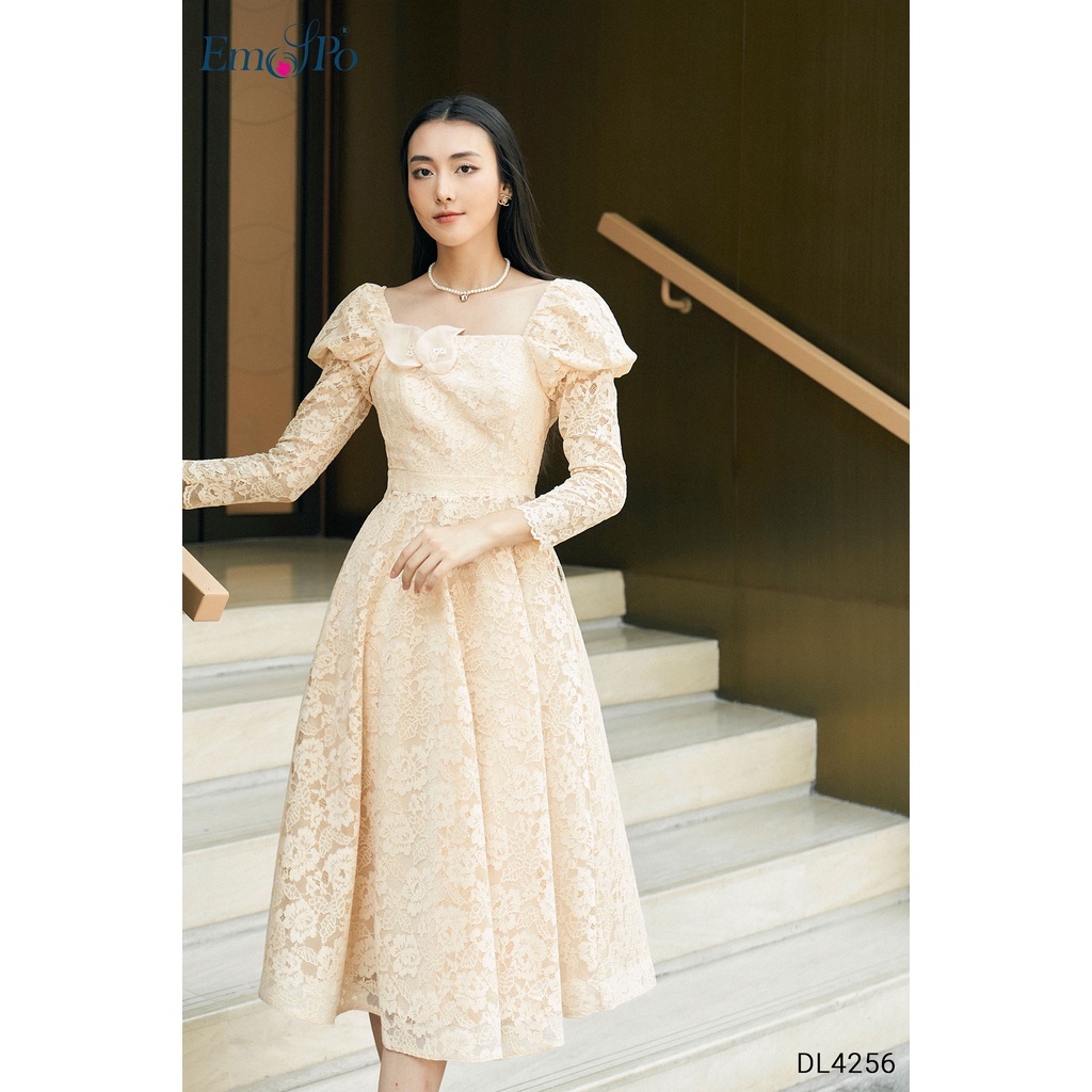 Đầm ren xòe Emspo vai bồng, kéo khóa sau DL4256