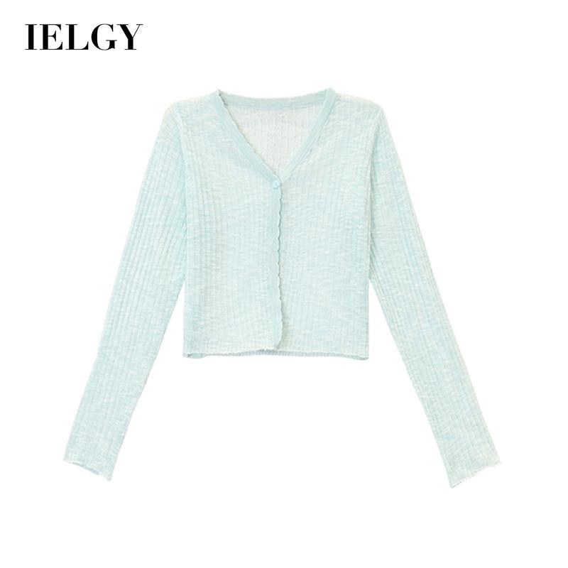 Áo khoác cardigan IELGY dệt kim tay dài cổ chữ V màu trơn chống nắng dáng rộng thời trang dành cho nữ