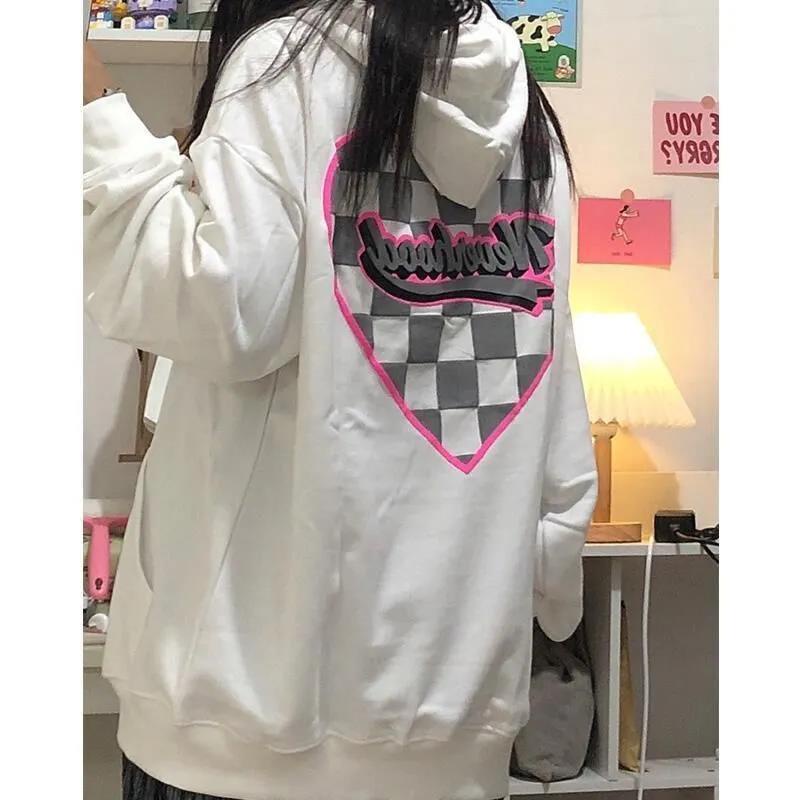 Áo hoodie tay dài dáng rộng in hình trái tim thời trang thu đông mới 2021 cho nữ