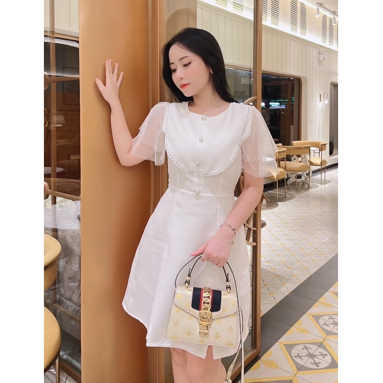 Đầm trắng dự tiệc sang trọng xinh thanh lịch thiết kế cao cấp chữ a tay lưới đi tiệc đi chơi eo tôn dáng - Lux W Fashion