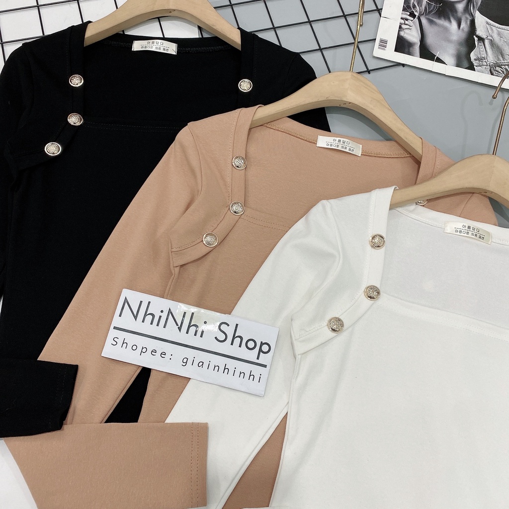 [Mã FAMARAL1 giảm 10K đơn 50K] Áo thun cổ vuông khuy vai dài tay, Áo kiểu dáng ôm cổ U sexxy AS6588 - NhiNhi Shop