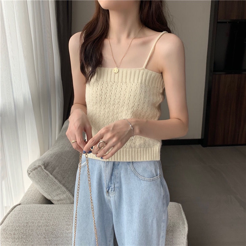 Set áo khoác cardigan chất lên lông cừu mềm tay dài kèm áo 2 dây phong cách Nhật bản