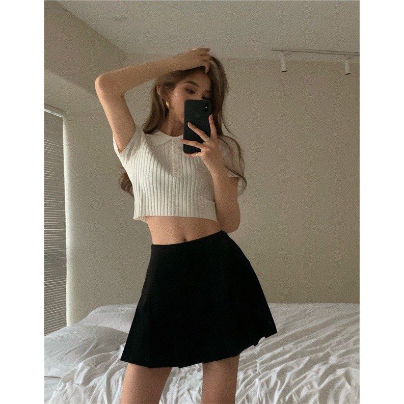 Áo croptop gân đũa cổ bẻ