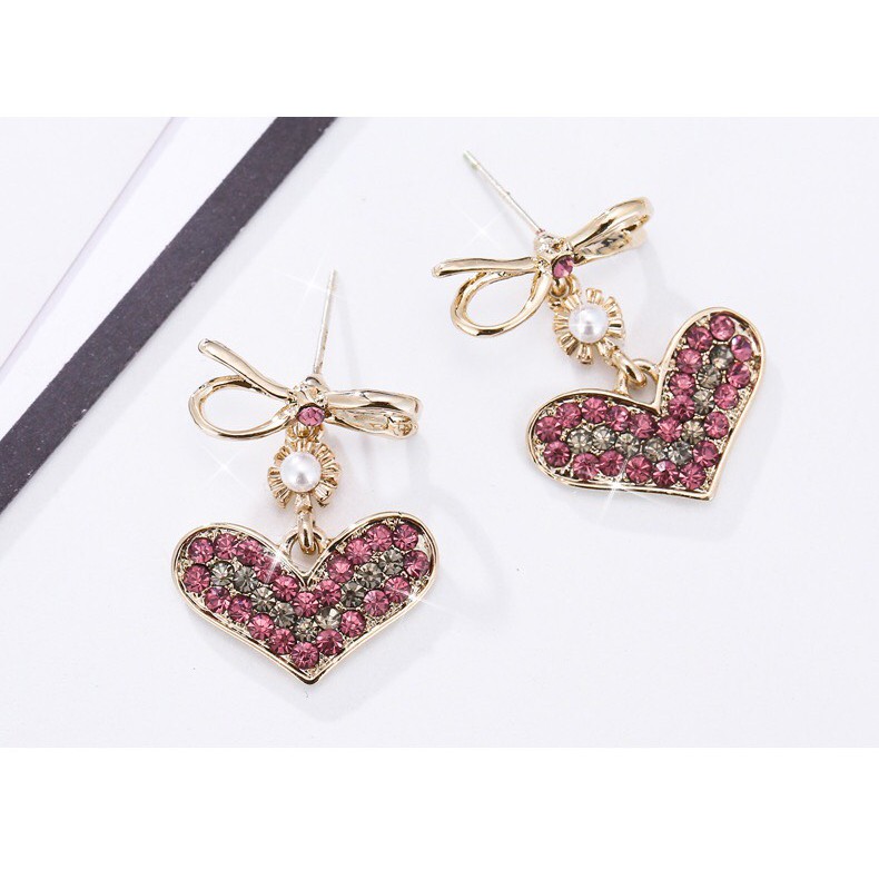 Bông Tai Nữ Hợp Kim Cao Cấp ERASHOP 000114 - Nơ Tim Đá Lấp Lánh, Sang Trọng, Đi Tiệc, Đi Chơi, Siêu Rẻ Đẹp