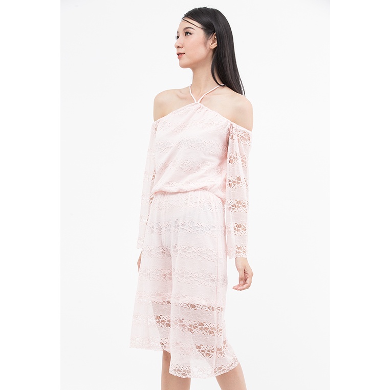 Jumpsuit, Dài Tay, Họa Tiết Ren, Cách Điệu Trể Vai, Lưng, Màu Hồng - Lovadova O09C006