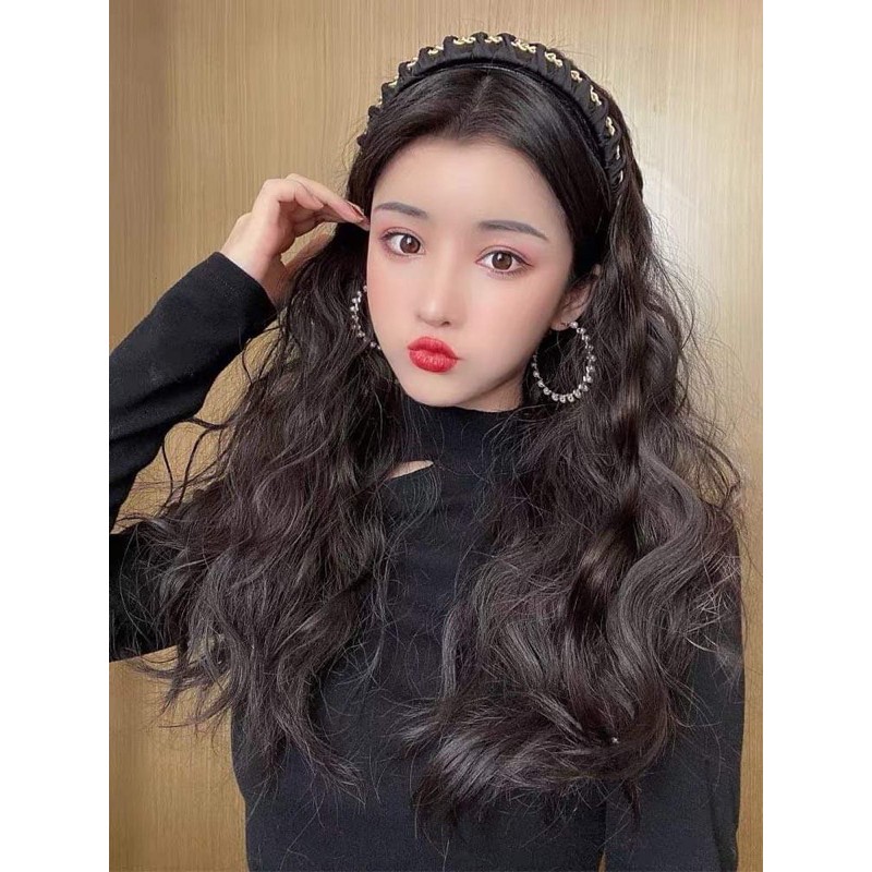 Siêu Phẩm băng đô xích đen phối tóc xù sóng nước nửa đầu - kèm Hình thật.