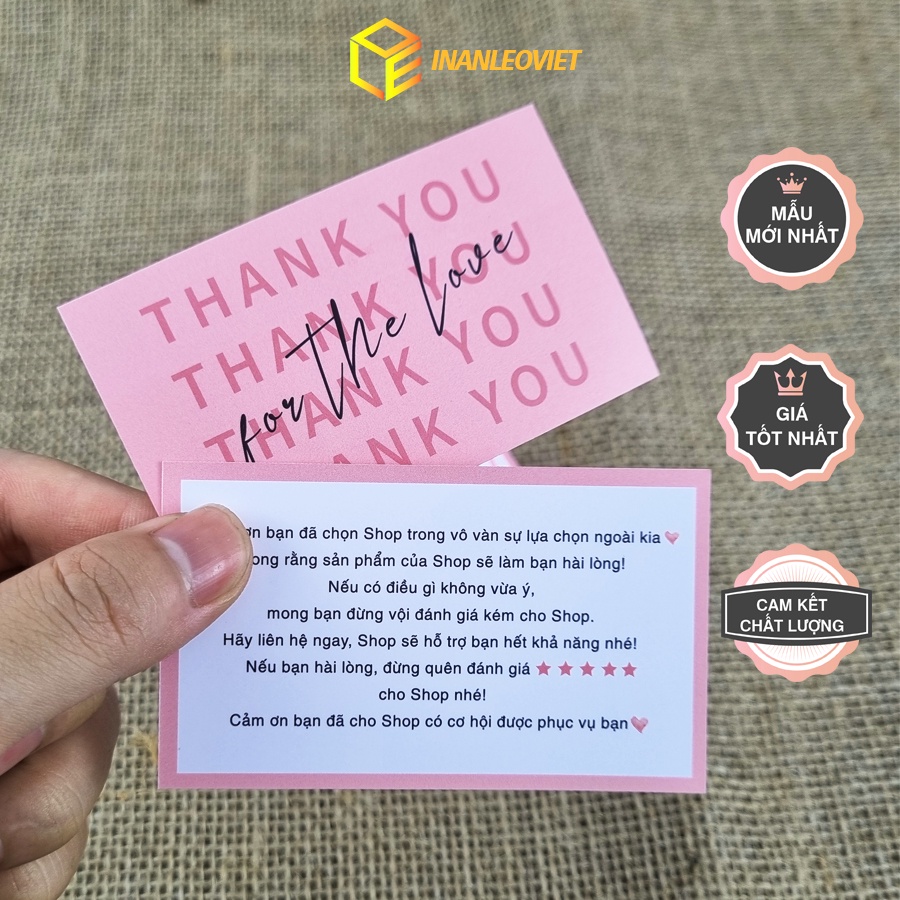 Thiệp Cám Ơn, Thank You, card Cám Ơn - Size 8.8x5,3cm - Giấy C300 Cán Màng Mờ Màu Hồng Dễ Thương ms A01