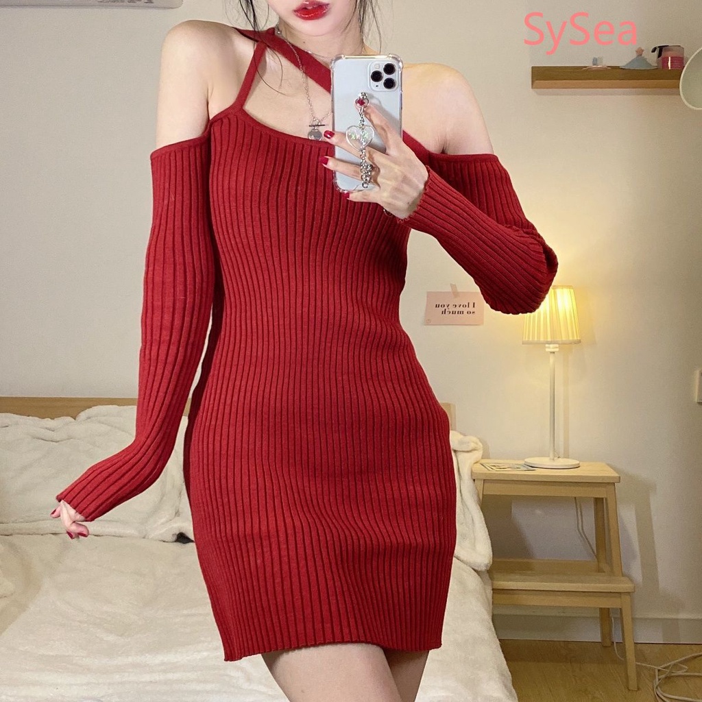 Đầm dệt kim trễ vai màu đỏ phong cách retro quyến rũ cho nữ