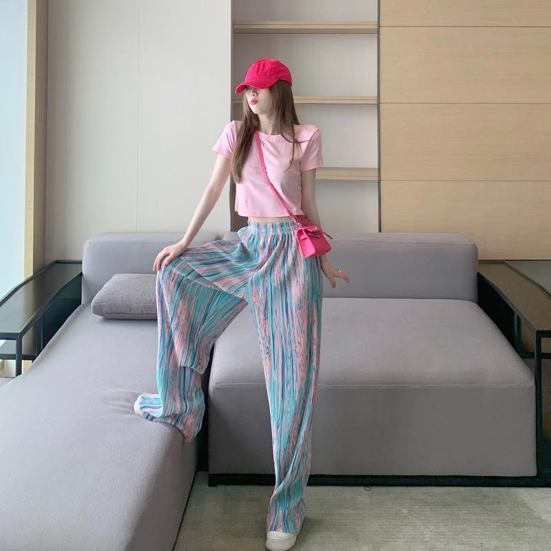 Quần dài lưng cao ống rộng dáng suông vải lụa lạnh phối xếp ly thời trang cho nữ
