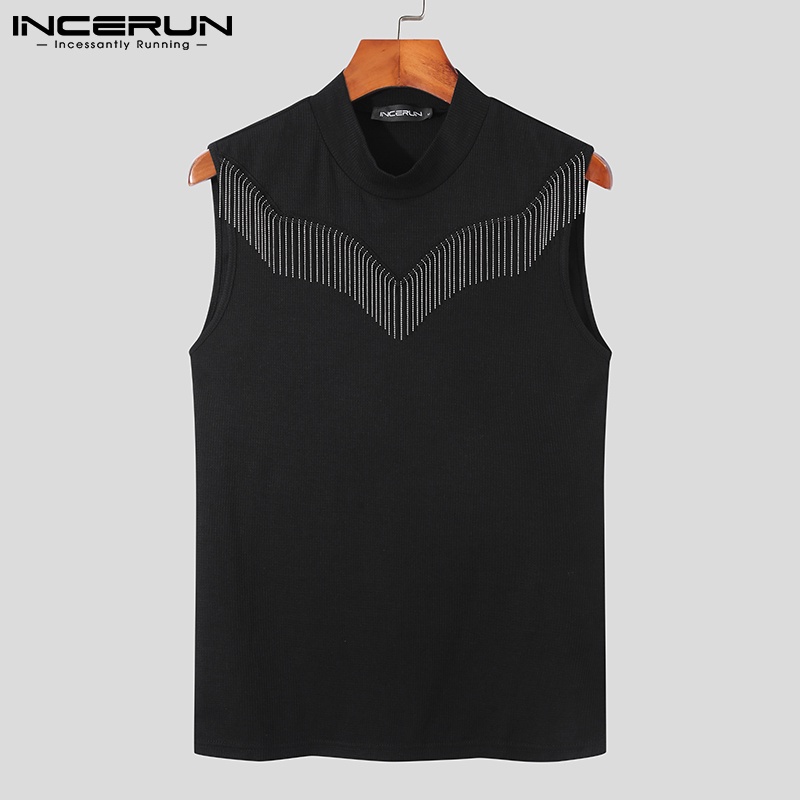 Áo thun ba lỗ INCERUN cổ cao phối tua rua kim loại thời trang cho nam