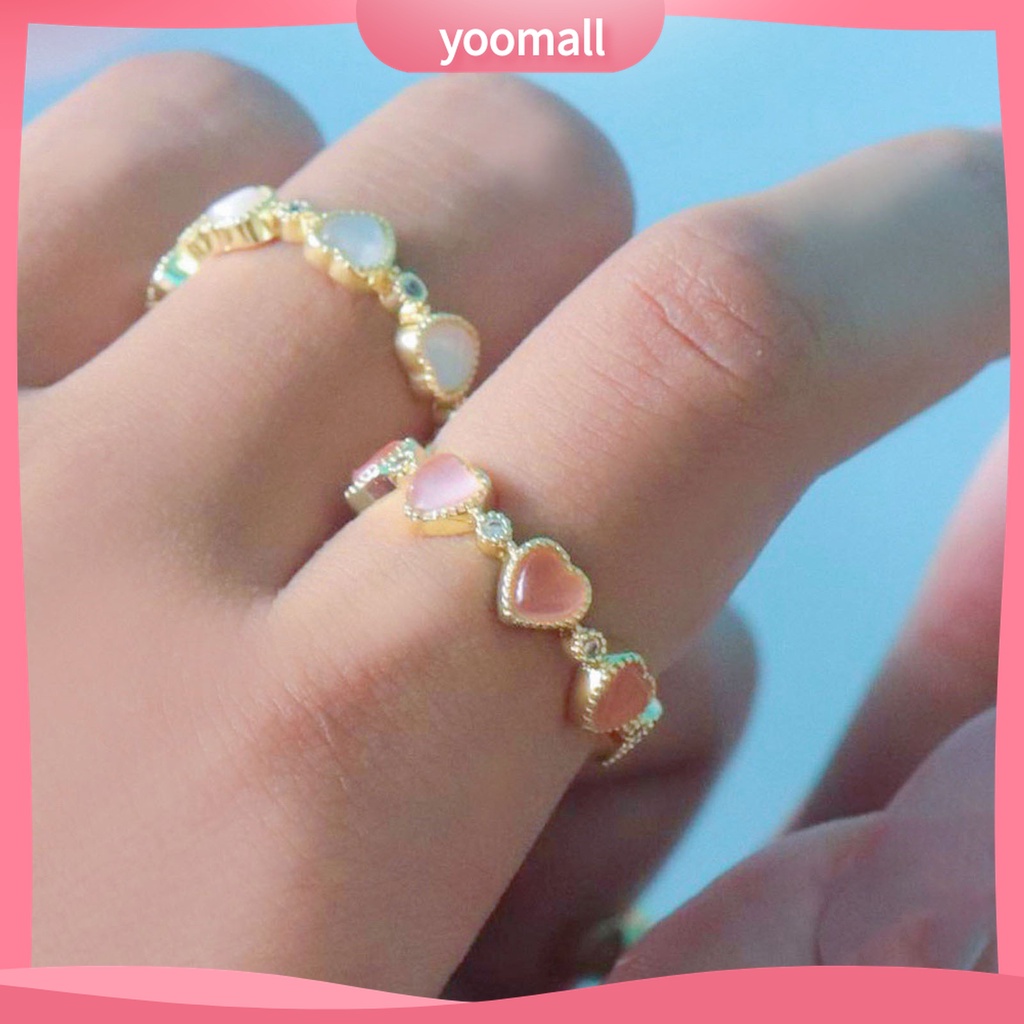 Yomall♡ Nhẫn Hở Đồng Đính Đá Opal Hình Trái Tim Thời Trang Có Thể Điều Chỉnh Cho Nữ
