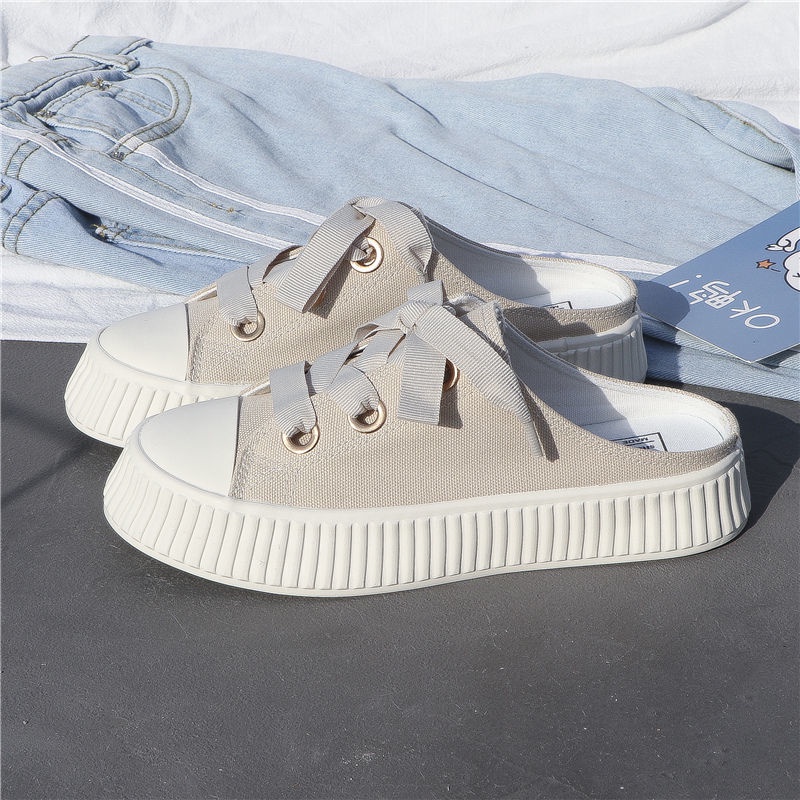 Giày Lười Không Gót Bằng Vải Canvas Đính Ruy Băng 3 Kiểu Thời Trang Mùa Hè Cho Nữ Size 35-40