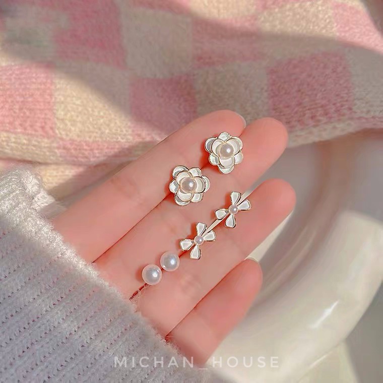 Set hoa tai hình nơ màu trắng xinh xắn, dễ thương cho bạn nữ