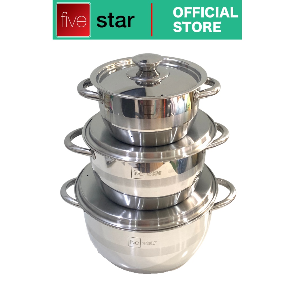 Bộ nồi 1 đáy inox 430 Fivestar standard bếp từ nắp inox ( 1 nồi 16cm x 1 nồi 18cm x 1 nồi 24cm )