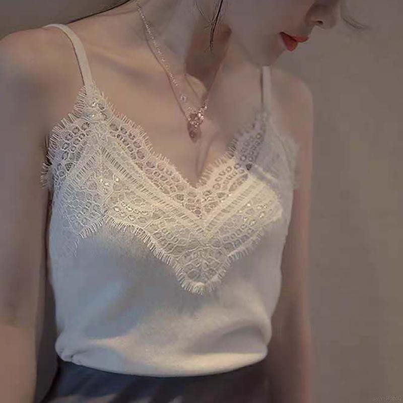 Áo sát nách dệt kim phối ren hoa thiết kế ôm dáng thời trang quyến rũ