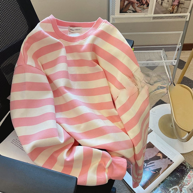 Áo sweater Cổ Tròn Dáng Rộng Họa Tiết Kẻ Sọc Phong Cách Hàn Quốc Thời Trang Thu Đông Mới Cho Nữ