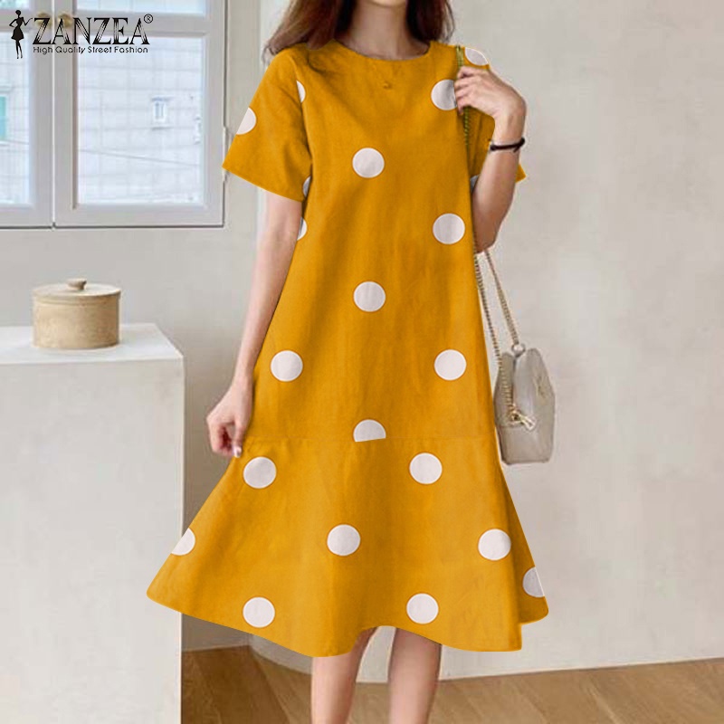 Đầm Zanzea kiểu chữ A tay ngắn viền bèo họa tiết chấm bi thời trang cho nữ