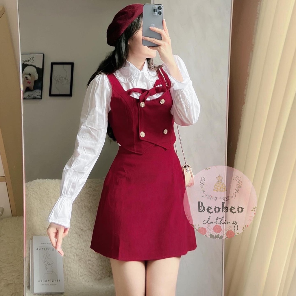 Set áo sơ mi tay phồng phối áo gile nút kèm chân váy chữ A