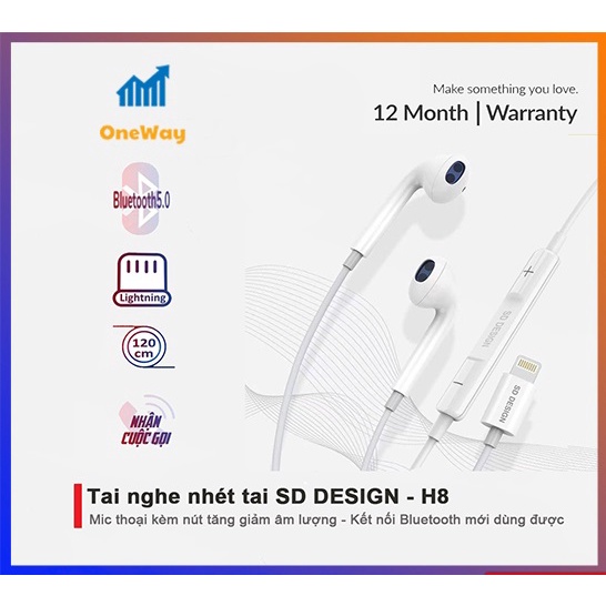 Tai nghe dây nhét tai H8 chính hãng cổng lightning dành cho IPhone/iPad - Kết nối bluetooth mới dùng được
