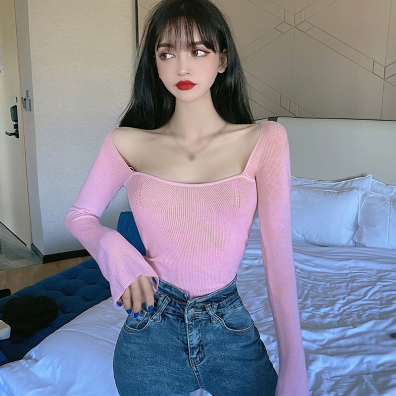 Ladies Sexy Solid Square Collar Slim Long Sleeve Sweat Bace Tops
