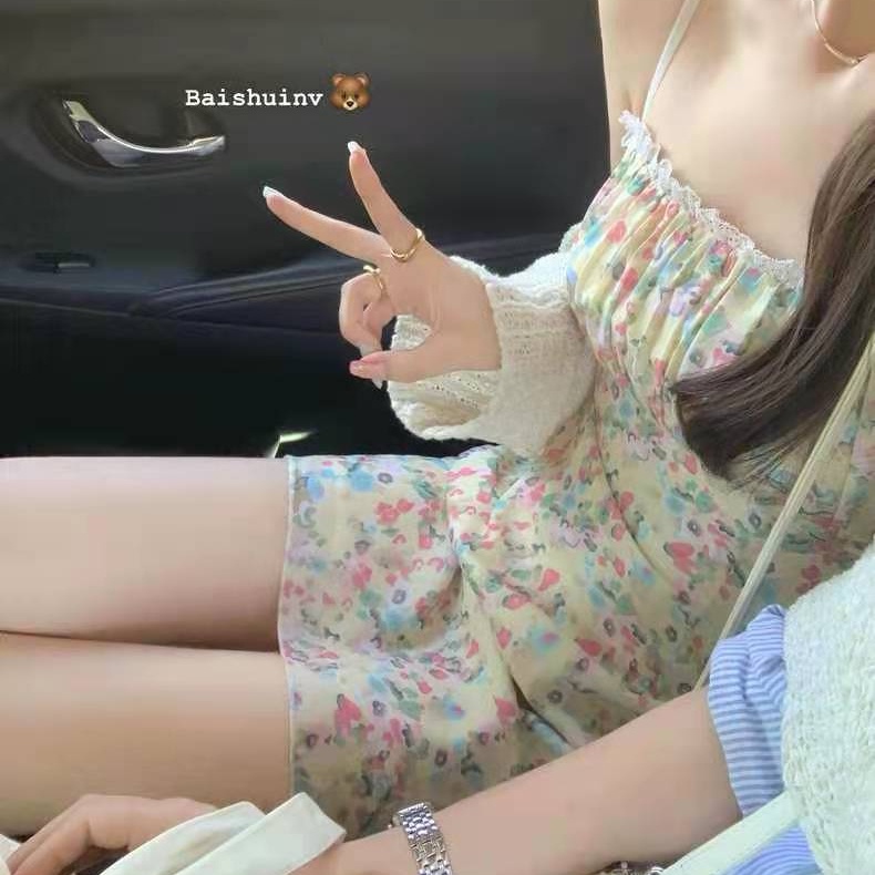 SUXI Đầm Midi Hai Dây Dáng Ôm Trễ Vai In Họa Tiết Hoa Kiểu Vintage Thời Trang Mùa Hè Cho Bạn Gái