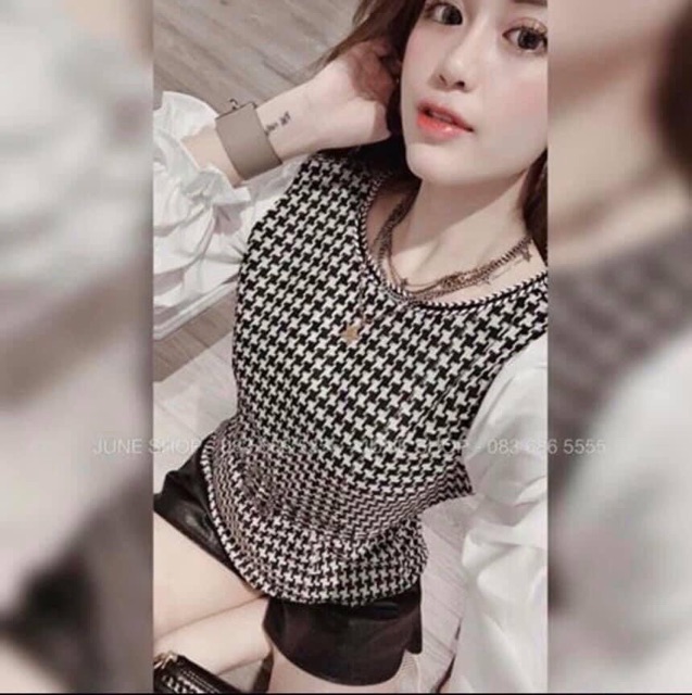 Áo sơ mi phối tay bồng mix áo kẻ
