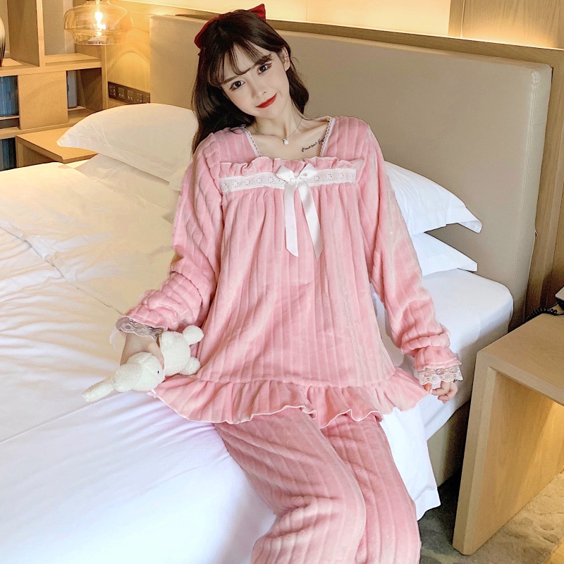 Bộ Đồ Ngủ Chất Nỉ Phối Ren Phong Cách Hàn Quốc Thời Trang Thu Đông Xinh Xắn Cho Nữ